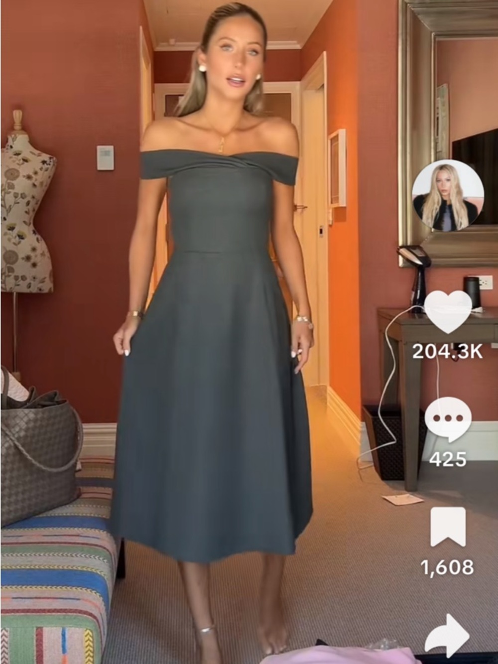 Aritzia Victoire Off-Shoulder Charcoal A-Line Dress - Picture 5 of 7